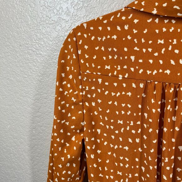 Topshop Sz 4 Long Sleeve Rust Orange Spot Chiffon Collared Midi Shirt Dress - Picture 11 of 16